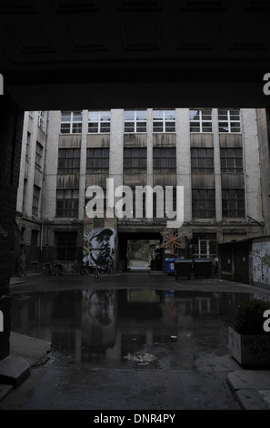 Ritratto di El Mac street painting 'Mexican a Berlino Est' riflettente nel laghetto di acqua piovana, un quadrangolo a Schonhauser Allee 8, Berlino Foto Stock