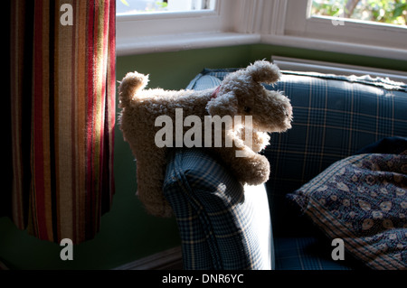 cane di giocattolo sul sofà Foto Stock