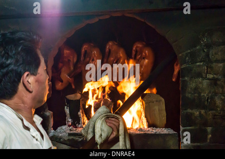 Lo Chef tostatura di Pechino anatre arrosto in un forno in un ristorante di Pechino, Cina Foto Stock