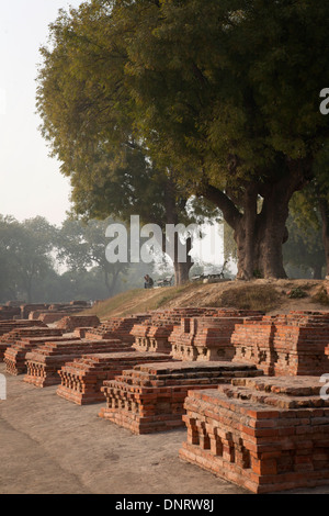 I resti delle fondazioni del monastero di Dhamekh stupa a Sarnath, in India Foto Stock