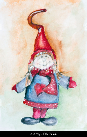 Inverno bambola giocattolo- ragazza in una pelliccia. Acquarello dipinto di illustrazione Foto Stock