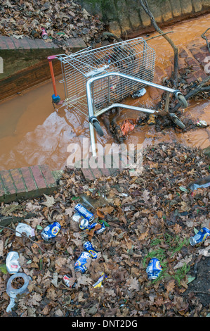 Urban i detriti, abbandonato carrello della spesa e lattine di birra all'interno di un corso d acqua in Inghilterra del nord est Foto Stock