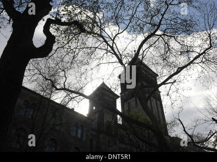 Il bianco delle nuvole sole silhouette vista torri del Sacro Cuore di Gesù chiesa, passando sopra gli alberi di nero, Fehrbelliner Strasse, Berlino Foto Stock