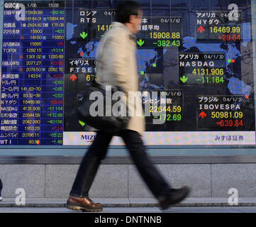 Tokyo, Giappone. Il 6 gennaio, 2014. Un uomo cammina passato una scheda elettronica che mostra l'indice di borsa di Tokyo, Giappone, Gennaio 6, 2014. Il 225-problema Nikkei Media Stock chiuso 382.43 punti dalla fine del 2013 a 15,908.88. Credito: Stringer/Xinhua/Alamy Live News Foto Stock