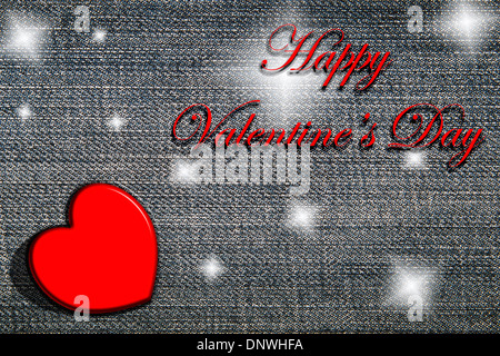Buon San Valentino, una vacanza scheda su un paio di jeans sfondo. Foto Stock