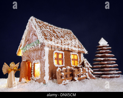 Piccolo cottage e albero di Natale fatto dal pan di zenzero Foto Stock