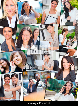 Successo interracial razza mista business donne imprenditrice utilizzando telefoni cellulari su laptop computer tablet, lavorando in città Foto Stock