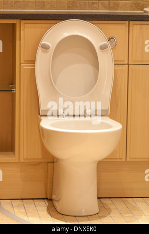 wc bianco moderno con coperchio e sedile a sinistra Foto Stock