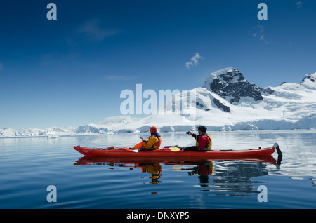 Antartide - Kayakers di scivolare sulla superficie speculare di acque calme a de Cuverville Island sulla penisola Antartica su una luminosa giornata di sole. Foto Stock