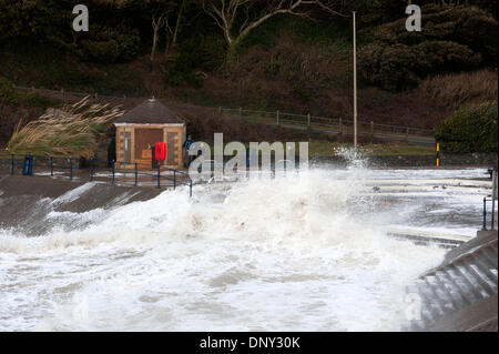 Swansea, Regno Unito. Il 6 gennaio, 2014. Persone che guardano il mare grosso a Caswell Bay vicino a Swansea oggi in cattive condizioni atmosferiche. La parte occidentale del paese è stata colpita dal maltempo. Credito: Phil Rees/Alamy Live News Foto Stock