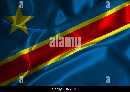 La Repubblica Democratica del Congo bandiera su raso texture. Foto Stock