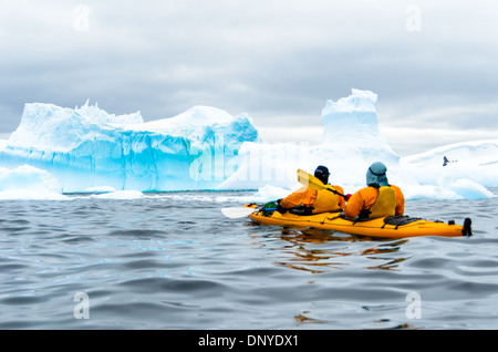 Antartide - Kayakers in un tandem kayak paddle in un iceberg cimitero in una insenatura a Melchior isola sul lato occidentale della penisola antartica. Foto Stock