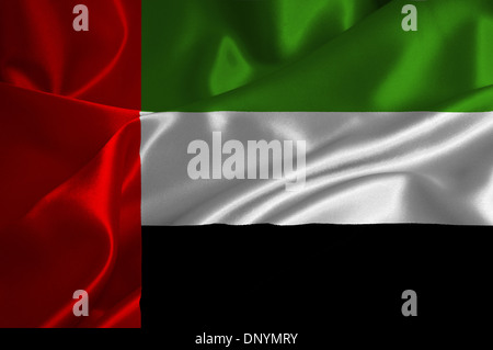 Bandiera degli Emirati Arabi Uniti su raso texture. Foto Stock