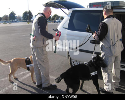 Feb 11, 2006; Las Vegas, NV, STATI UNITI D'AMERICA; Wynn Las Vegas Le guardie di sicurezza con speciali K9 sniffing di bomba cani pronte per area di pattuglia al Thomas & Mack Center. Il K9 è anche utilizzato presso il Wynn Las Vegas Hotel, il K9 sono piombo da speciali addestrati guardie di sicurezza dentro e fuori la zona dell'hotel. Il K9 unità è stata utilizzata per una maggiore sicurezza durante il campionato lotta MANNY PACQUIAO & ERI Foto Stock