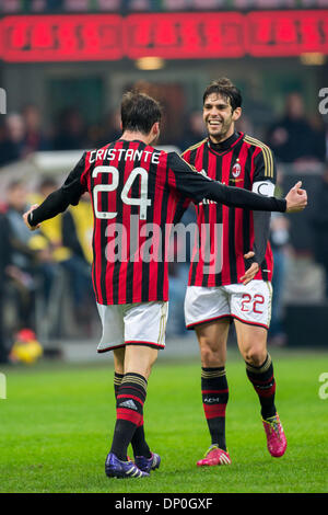 Milano, Italia. Il 6 gennaio, 2014. (L-R) Bryan Cristante Kaka (Milano) Calcio : Bryan Cristante di Milano festeggia il suo punteggio team terza meta con Kaká durante l'italiano 'Serie A' match tra AC Milan 3-0 Atalanta presso lo Stadio San Siro di Milano, in Italia . Credito: Maurizio Borsari/AFLO/Alamy Live News Foto Stock