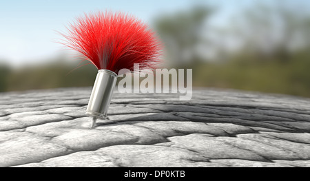 Un metallo regolari dart tranquillante con un rosso di coda sfumato penetrato in un elefante come la pelle su un sfondo all'aperto Foto Stock