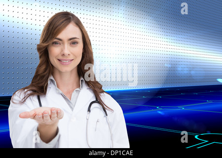 Immagine composita del ritratto femminile di infermiere tenendo fuori aprire palm Foto Stock