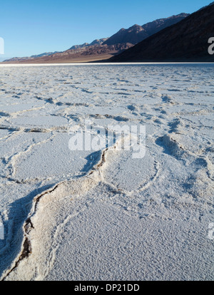 Croste di sale al bacino Badwater, sale appartamenti nella Valle della Morte, il punto più basso in Nord America, il Parco Nazionale della Valle della Morte Foto Stock