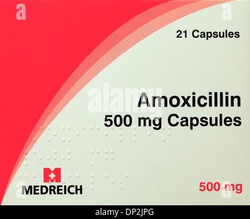 Amoxil 500 mg compresse, capsule, pack, il farmaco antibiotico, prescrizione di medicinali prescritti penicillina tablet farmaco Foto Stock