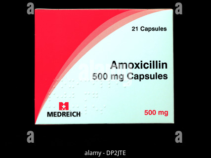 Amoxil 500 mg compresse, capsule, pack, il farmaco antibiotico, prescrizione di medicinali prescritti penicillina tablet farmaco Foto Stock