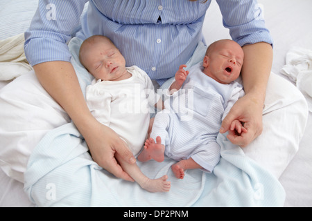 Madre e due settimane vecchio gemelli Foto Stock