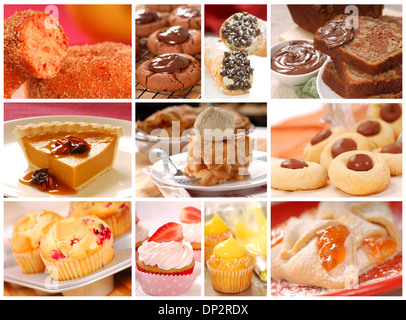 Il collage che mostra una varietà di deliziosi prodotti da forno compresi i cookie, torte, torte, ciambelle e muffin Foto Stock