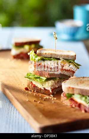 Varie porzioni di mandorle rivestite sandwich di pesce tagliato a metà sul tagliere, servita all'aperto, Canada Foto Stock