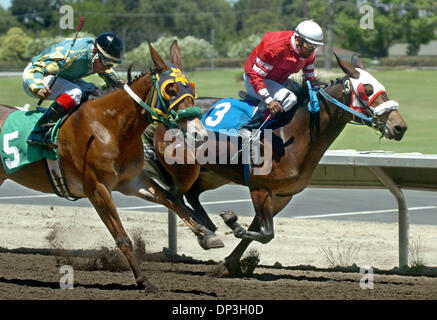 Jul 07, 2006; Pleasanton, CA, Stati Uniti d'America; Jockey Victor Navarro equitazione il mulo clonato "Idaho Gem' tenta di ottenere passato jockey Abramo Arreola cavalcare "Rossetto sta' durante la Alameda County Fair corse di cavalli a Pleasanton, California, venerdì 7 luglio 2006. Il mulo clonato "Idaho Gem' è andato a posto 4th, con "Rossetto sta' immissione 3rd, 'Bar JF Hot Ticket' situato 2a e 'al di fuori del campionato Foto Stock