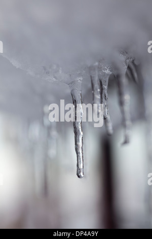 Ghiaccioli appesi da neve su un telaio del finestrino. Foto Stock