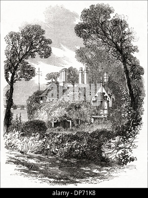 Il Lodge di mare a St Clare Castle Isle of Wight dove la principessa Alice e suo marito Principe Louis di Hesse hanno trascorso la loro luna di miele. Victorian xilografia incisione circa 1862 Foto Stock