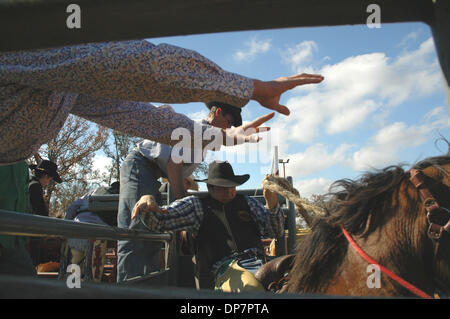 Nov 27, 2006; Malakoff, TX, Stati Uniti d'America; il pitchman Lets Go e il giovane uomo è il suo modo di un wild ride come pro rodeo meglio insegnare la prossima generazione di stelle. Gli studenti provengono da Australia, Canada, California e dagli stati vicini alla zona del Texas dove la maggior parte dei campioni del mondo nel rodeo sport sono sollevate. Credito: Foto di David Teagle/ZUMA premere. (©) Copyright 2006 Foto Stock