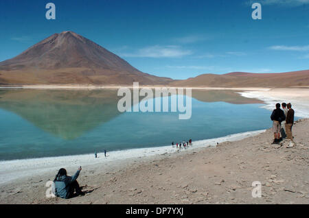 Dic 04, 2006 - Uyuni, Bolivia - un 'gringo' (straniero), sinistra lontana, prende una foto di "Laguna Verde" (verde Laguna) con il suo telefono cellulare mentre è seduto sulla laguna della banca. Il Salt Lake prende il colore distinto da sedimenti con i minerali di rame e si trova sul confine cileno ai piedi del volano Lincancabur. (Credito Immagine: © Zack Baddorf/ZUMA Press) Foto Stock