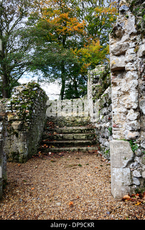 Una vista interna delle rovine di un vescovo normanno della cappella privata presso la North Elmham, Norfolk, Inghilterra, Regno Unito. Foto Stock