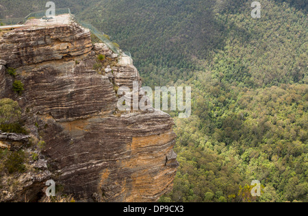 Il pulpito Rock Lookout Point e Grose Valley nel Parco Nazionale Blue Mountains, Nuovo Galles del Sud, Australia Foto Stock
