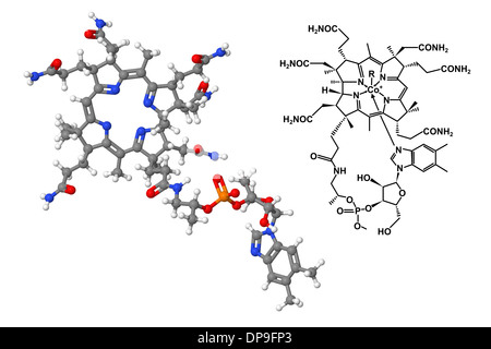 Vitamina B12 molecola con formula chimica isolati su sfondo bianco Foto Stock