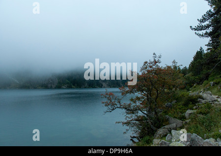 Basse nubi appesa sopra il Lac de Gaube nella Vallée de Gaube nei Pirenei francesi Foto Stock