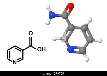 Vitamina B3 (Niacina) molecola con formula chimica isolati su sfondo bianco Foto Stock