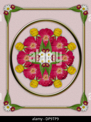 Spettacolare arte floreale - disegno geometrico di rosso e di giallo le rose, le gemme e le foglie di oro con telaio metallico, pallido sfondo rosa Foto Stock