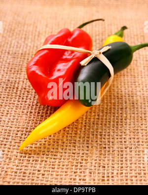 Bundle di peperoncino varietà di sfondo di iuta, close up Foto Stock