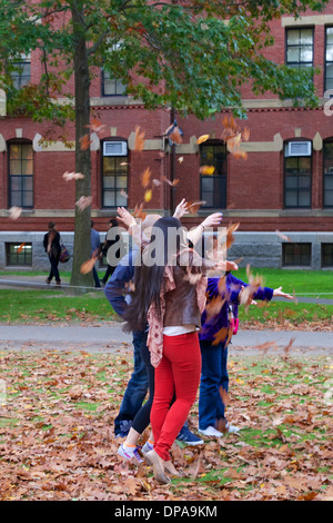 I turisti a Harvard Yard, il cuore antico della Harvard University campus, su una bella giornata in autunno 2013 a Cambridge, MA, USA. Foto Stock