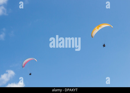 Due parapendio in tandem sul luminoso cielo blu Foto Stock