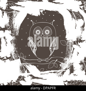 Vettore decorativo in bianco e nero il gufo su un ramo di albero Foto Stock