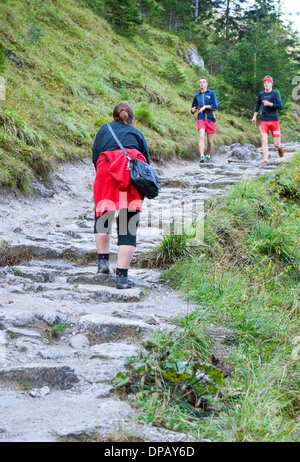 Gli escursionisti e gli amanti del jogging su un sentiero roccioso nel Parco nazionale dei Alti Tatra, Alti Tatra, Zakopane, Polonia, Europa Foto Stock