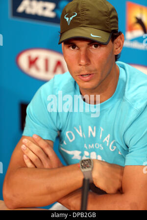 Melbourne, Australia. Xi gen, 2014. Rafael Nadal di Spagna reagisce durante la conferenza stampa in vista del Australian Open di tennis nel torneo di Melbourne, Australia, 11 gennaio 2014. Credito: Li Peng/Xinhua/Alamy Live News Foto Stock