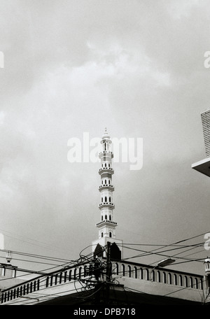 Fotografia di viaggio - Il minareto della moschea in Udaipur nel Rajasthan in India in Asia del Sud. Edificio di architettura islam musulmani paesaggio islamico Foto Stock