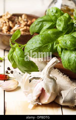 Mazzetto di basilico fresco, tazza di noci, pepe e aglio servita su bianco tavolo in legno. Vedere serie Foto Stock