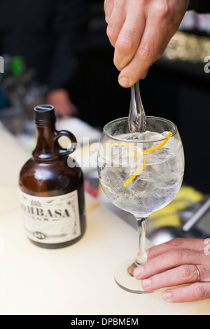 Preparare e provare vari cocktail tonici e gin. Foto Stock
