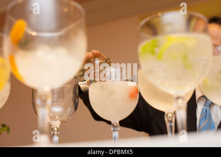 Preparare e provare vari cocktail tonici e gin. Foto Stock