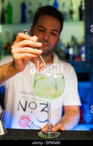 Preparare e provare vari cocktail tonici e gin. Foto Stock