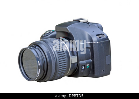 Nero fotocamera reflex digitale su sfondo bianco Foto Stock